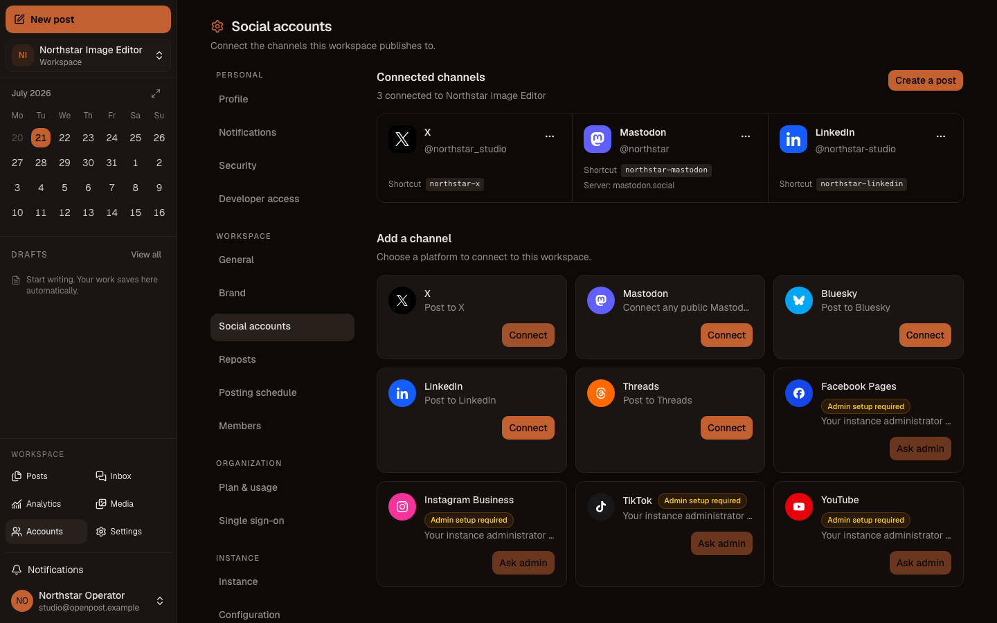 OpenPost connected social accounts page