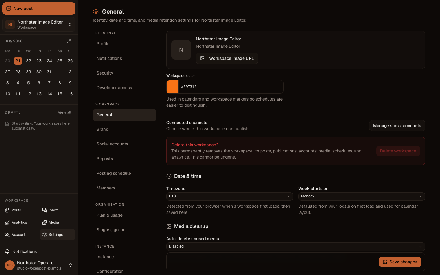 OpenPost workspace and account settings